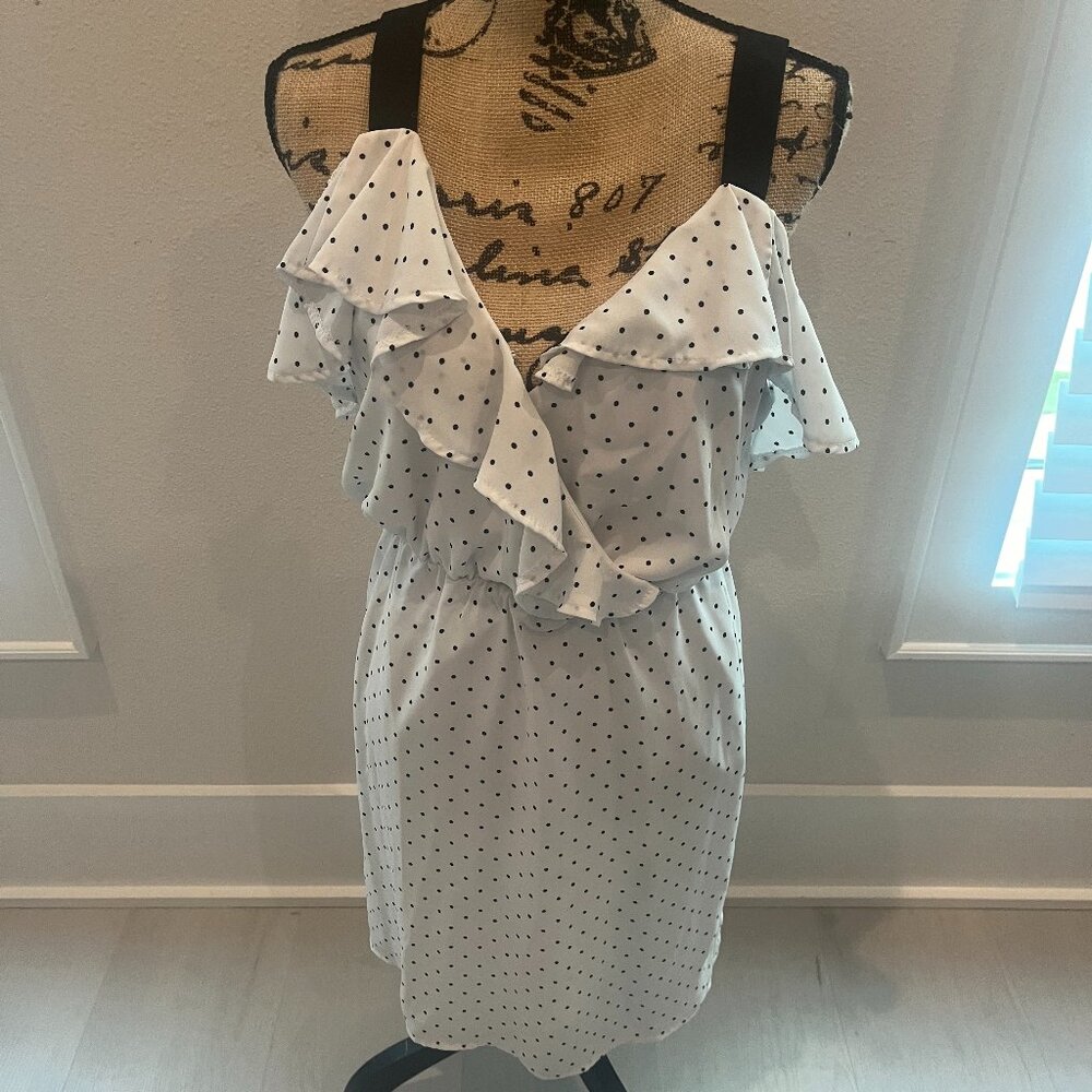 White Dress with Black Polka Dots - Cold Shoulder with Ruffles